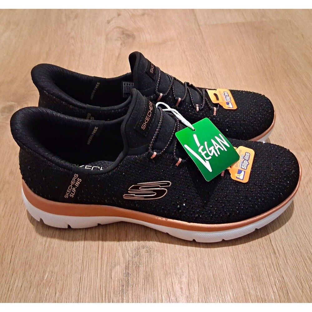 NWT Skechers Hands Free Slip-Ins Black Rose Gold Rhinestone Sparkle Sneaker W8